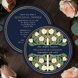 Blue Gold Floral Sword Royal Wedding Rehearsal  Invitation