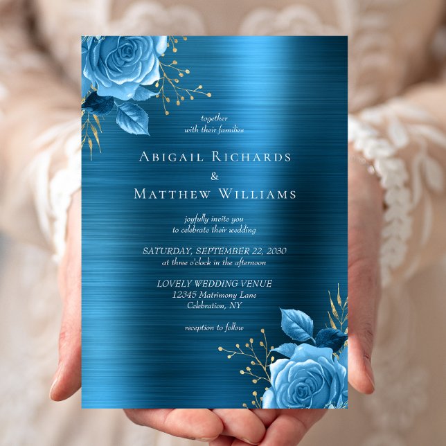 Blue Gold Floral Teal Brushed Metal Wedding Invitation (Creator Uploaded)