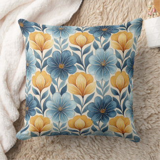 Blue & Gold Floral Throw Pillow