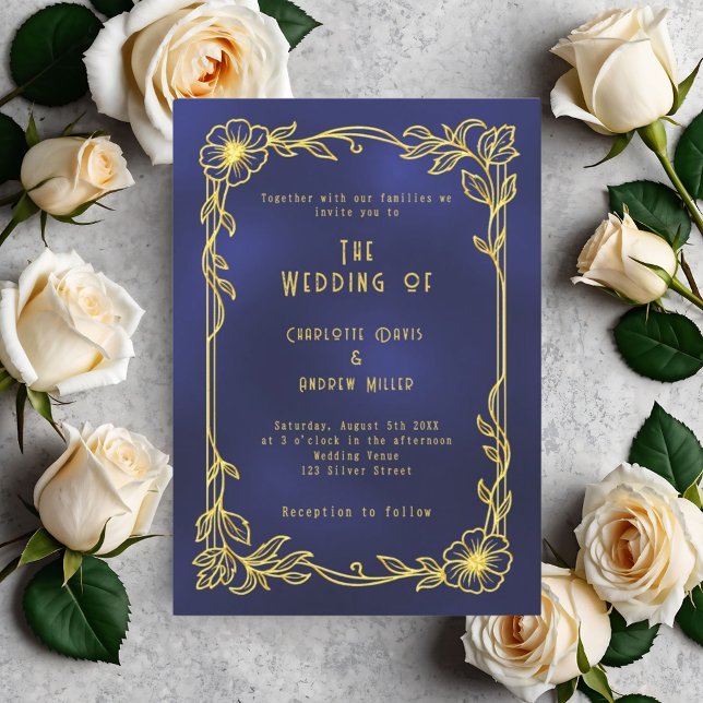 Blue gold floral vintage wedding invitation (Creator Uploaded)
