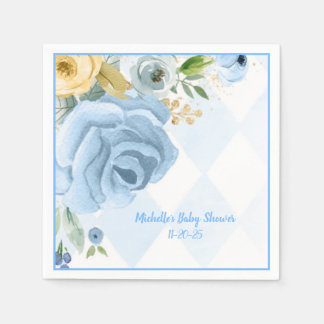 Blue Gold Floral Watercolor Baby Shower Napkins
