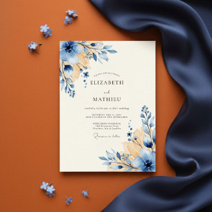 Blue & Gold Floral Watercolor Wedding Invitation