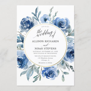 Blue gold floral watercolors wreath modern wedding invitation