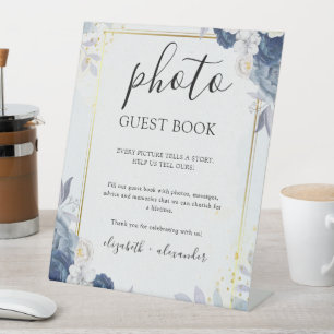 Blue Gold Floral wedding Photo Guestbook Pedestal Sign