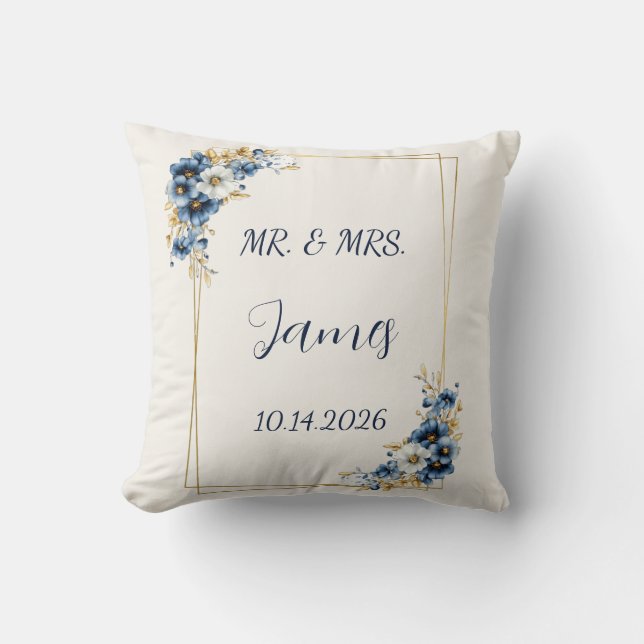 Blue Gold Floral Wedding Pillow (Front)