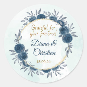 Blue Gold Floral Wedding Sticker Elegant Circle
