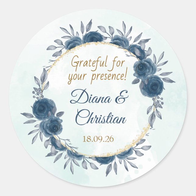 Blue Gold Floral Wedding Sticker Elegant Circle (Front)
