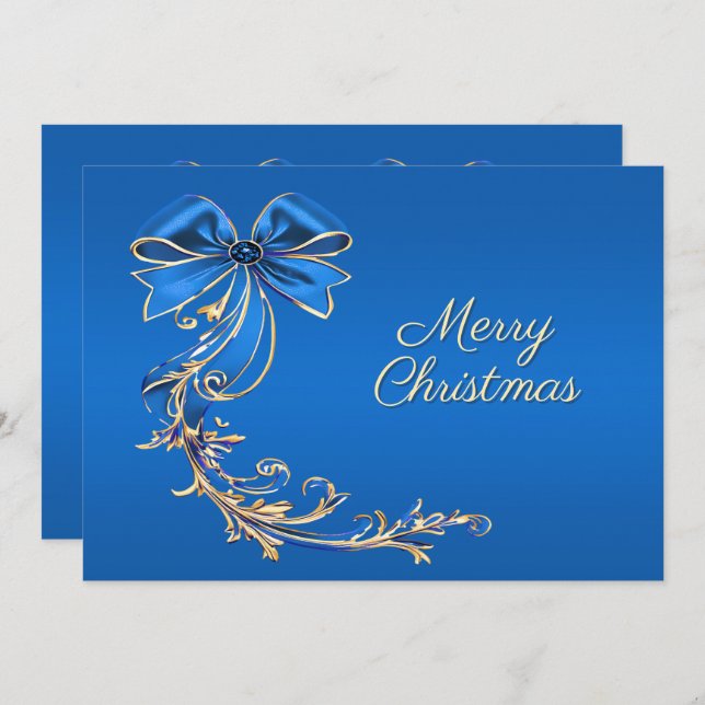 Blue Gold Flower Christmas Holiday Card (Front/Back)