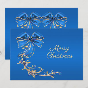 Blue Gold Flower Christmas Holiday Card
