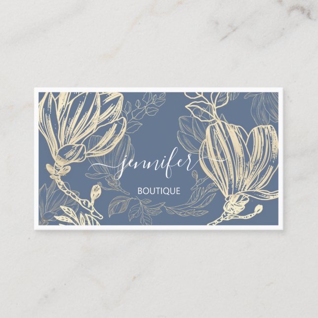  Blue Gold Flower Framed QR Code Framed Logo Business Card (Front)