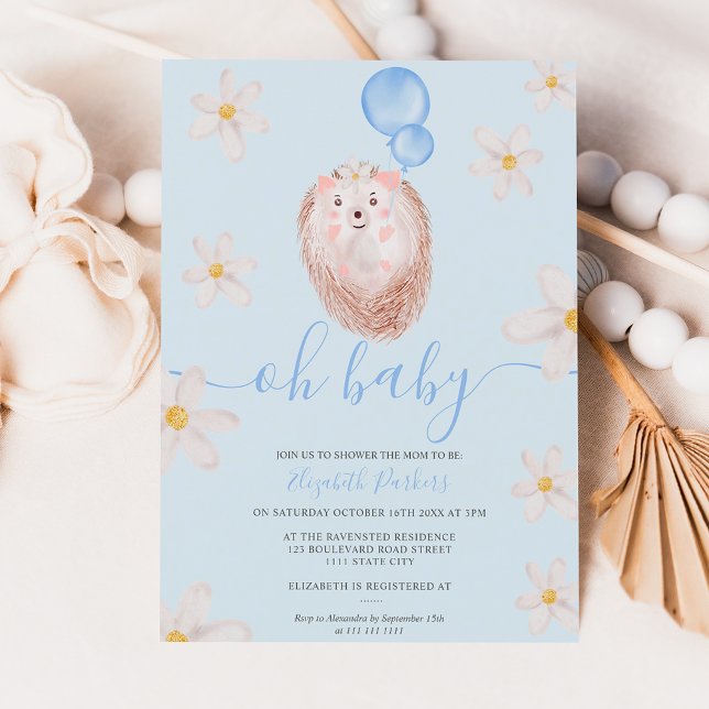 Blue gold flower hedgehog watercolor baby shower invitation (Creator Uploaded)