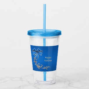 Blue Gold Flower Holiday Acrylic Tumbler