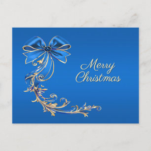 Blue Gold Flower Holiday Christmas Postcard