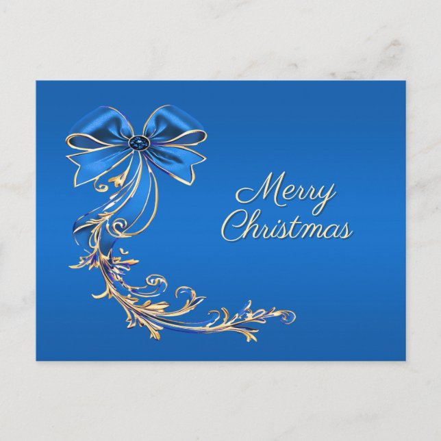 Blue Gold Flower Holiday Christmas Postcard (Front)
