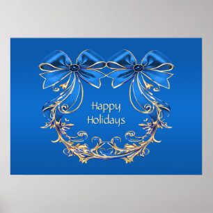 Blue Gold Flower Holiday Poster