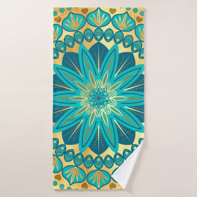 Blue Gold Flower Mandala Bath Towel (Bath Towel)