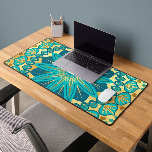 Blue Gold Flower Mandala Desk Mat (Office 2)