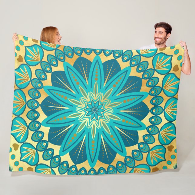 Blue Gold Flower Mandala Fleece Blanket (In Situ)