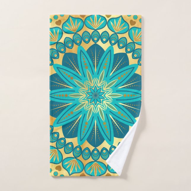 Blue Gold Flower Mandala Hand Towel (Hand Towel)