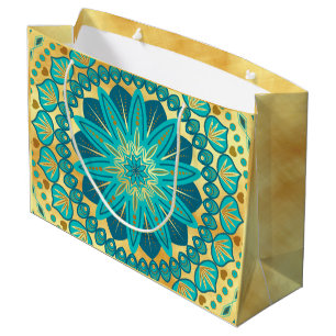 Blue Gold Flower Mandala Large Gift Bag