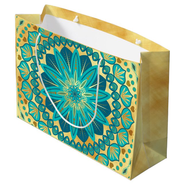 Blue Gold Flower Mandala Large Gift Bag (Back Angled)