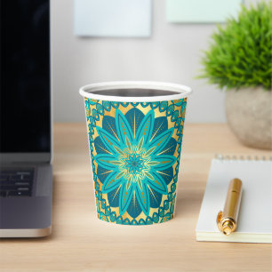 Blue Gold Flower Mandala Paper Cups