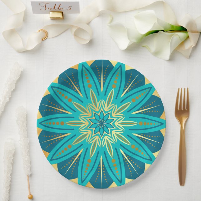 Blue Gold Flower Mandala Paper Plate (Wedding)