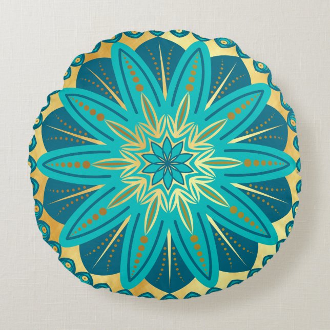 Blue Gold Flower Mandala Round Cushion (Front)