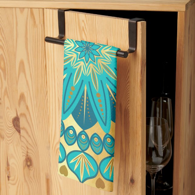 Blue Gold Flower Mandala Tea Towel (Thirds Fold)