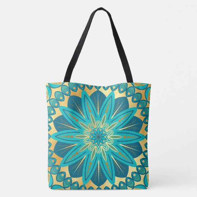 Blue Gold Flower Mandala Tote Bag (Back)