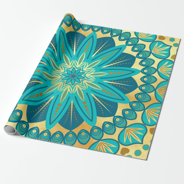 Blue Gold Flower Mandala Wrapping Paper (Unrolled)