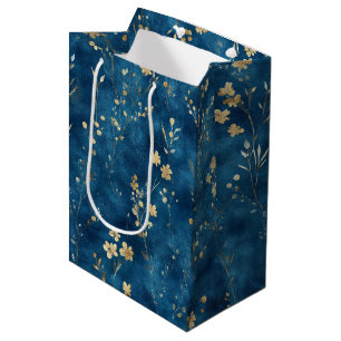 Blue Gold Flowers Bridal Shower Medium Gift Bag