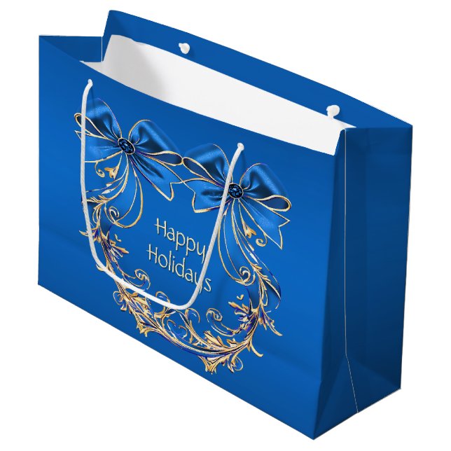 Blue Gold Flowers Holiday Gift Bag (Front Angled)