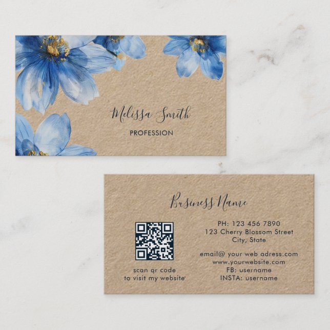 Blue Gold Flowers Rustic Business Card (Front/Back)
