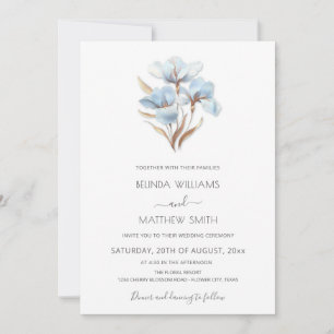 Blue Gold Flowers White Invitation