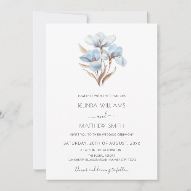 Blue Gold Flowers White Invitation (Front)