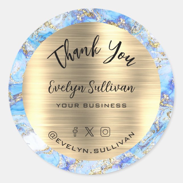 Blue Gold Fluid Marble Thank You  Classic Round Sticker (Front)