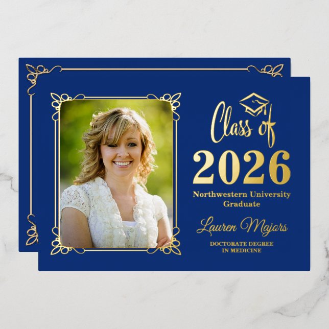 Blue Gold FOIL Class of 2026 Photo Graduation (Front/Back)