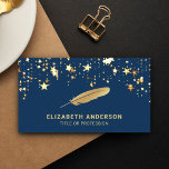 Blue Gold Foil Confetti Feather Vintage Quill Pen Business Card<br><div class="desc">Professional business card featuring beautiful gold stars confetti with faux gold foil accents on a navy blue background. Add your name and contact details to make a lasting first impression.</div>