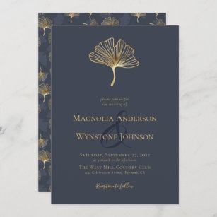 Blue Gold Foil Elegant Botanical Wedding  Invitati Invitation