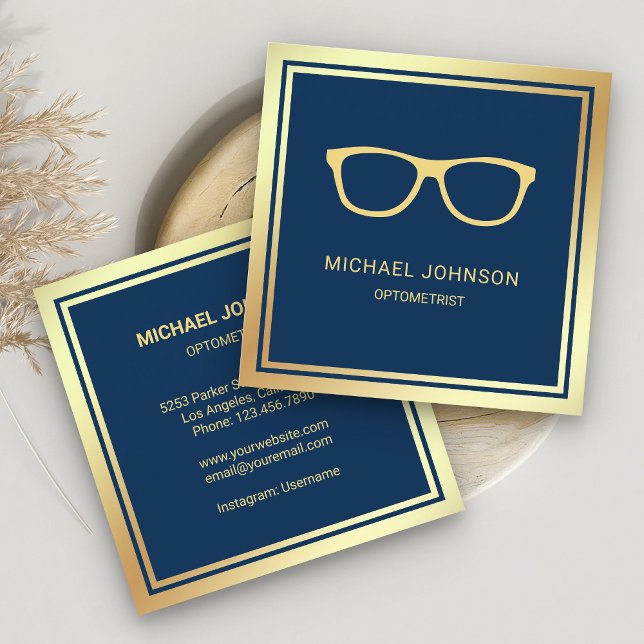 Blue Gold Foil Eyeglasses Eye Doctor Optometrist Square Business Card (Creator Uploaded)