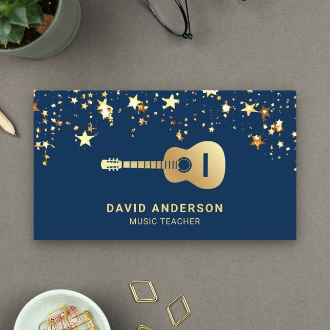 Blue Gold Foil Guitar Music Teacher Guitarist Business Card (Creator Uploaded)