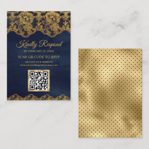 Blue Gold Foil Lace QR Code RSVP Wedding Website Enclosure Card