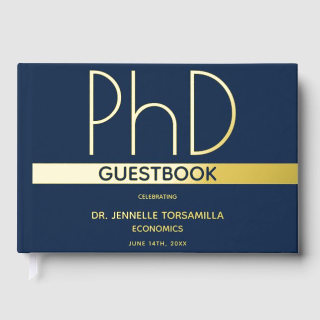 Blue Gold Foil PhD Graduation Guest Book (Front)