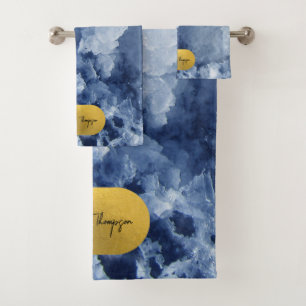 Blue Gold Foil Sea Crystals Signature Script Bath Towel Set