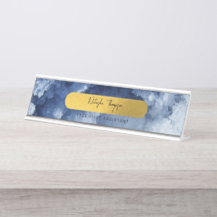 Blue Gold Foil Sea Crystals Signature Script  Desk Name Plate