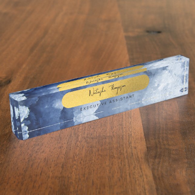 Blue Gold Foil Sea Crystals Signature Script  Nameplate (Side)