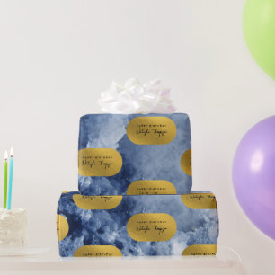 Blue Gold Foil Sea Crystals Signature Script Wrapping Paper