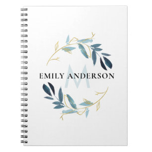 BLUE GOLD FOLIAGE WATERCOLOR WREATH MONOGRAM NOTEBOOK