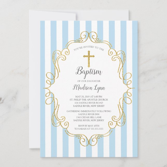 Blue & Gold Frame Boys Baptism Invitation (Front)